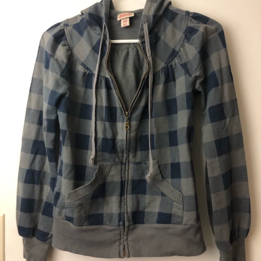 Plaid Grey & Navy Blue Zip Up Hoodie